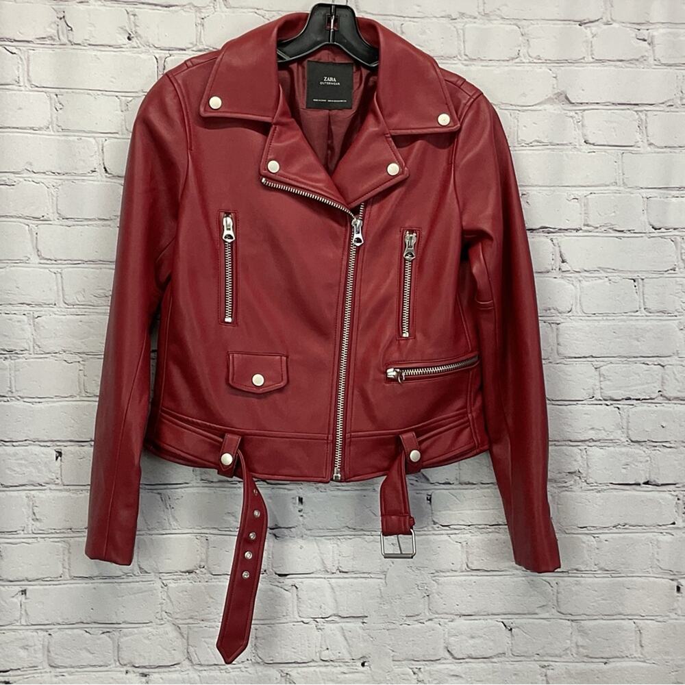 Zara Faux Leather Zip Moto Jacket Women's M Burgandy Belted Bikercore Pockets - Picture 5 of 9